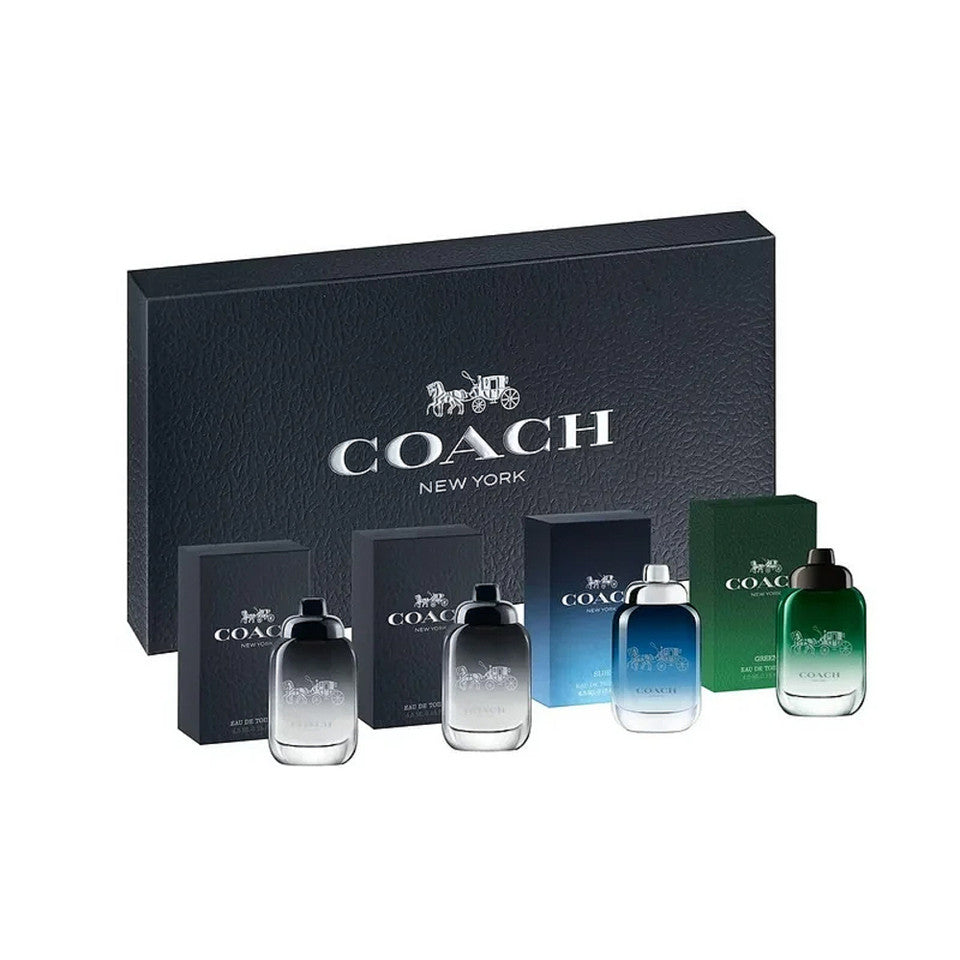 COACH 4x4.5ml mini fragrance set for men including Coach New York, Coach Blue, Coach Green eau de toilette and Coach for Men eau de parfum bottles