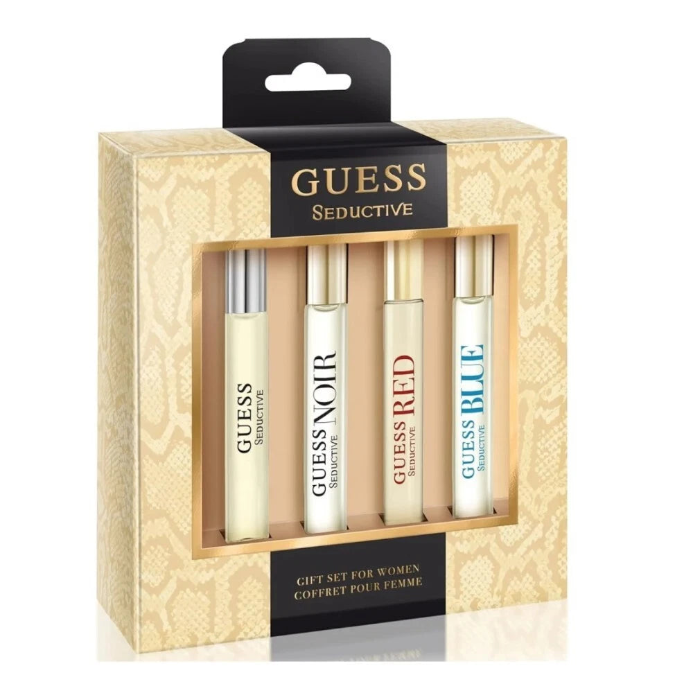 Guess 4x15ml mini eau de toilette set for women including Seductive, Seductive Noir, Seductive Red, and Seductive Blue, elegant and alluring feminine fragrances in compact bottles