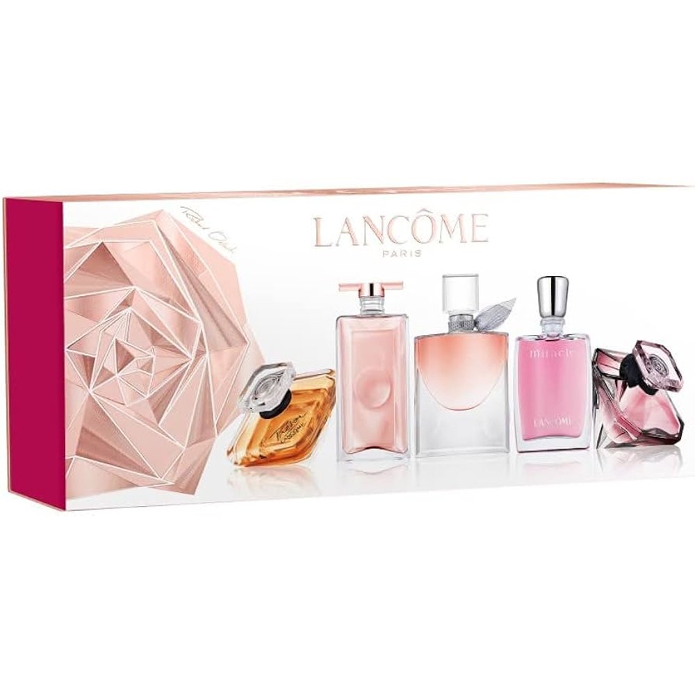 Lancôme and designer mini perfume set for women including 2x5ml Miracle, Trésor in Love, YSL Paris 7.5ml, and Cacharel Anaïs Anaïs L'Original 6ml, elegant and luxurious feminine fragrances in compact bottles