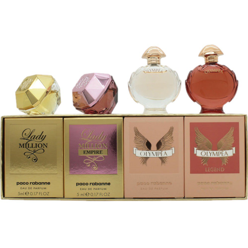 Paco Rabanne mini eau de parfum set for women including Lady Million 5ml, Lady Million Fabulous Intense 5ml, Olympea Empire 5ml, and Olympea 6ml, luxurious and glamorous feminine fragrances in compact bottles