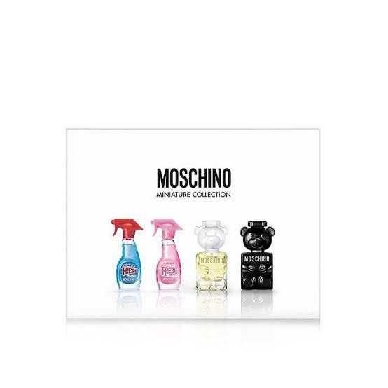 Moschino 4x5ml mini fragrance set unisex including Fresh EDT, Fresh Gold EDP, Toy 2 EDP, and Toy Boy EDP, playful and stylish scents in compact bottles