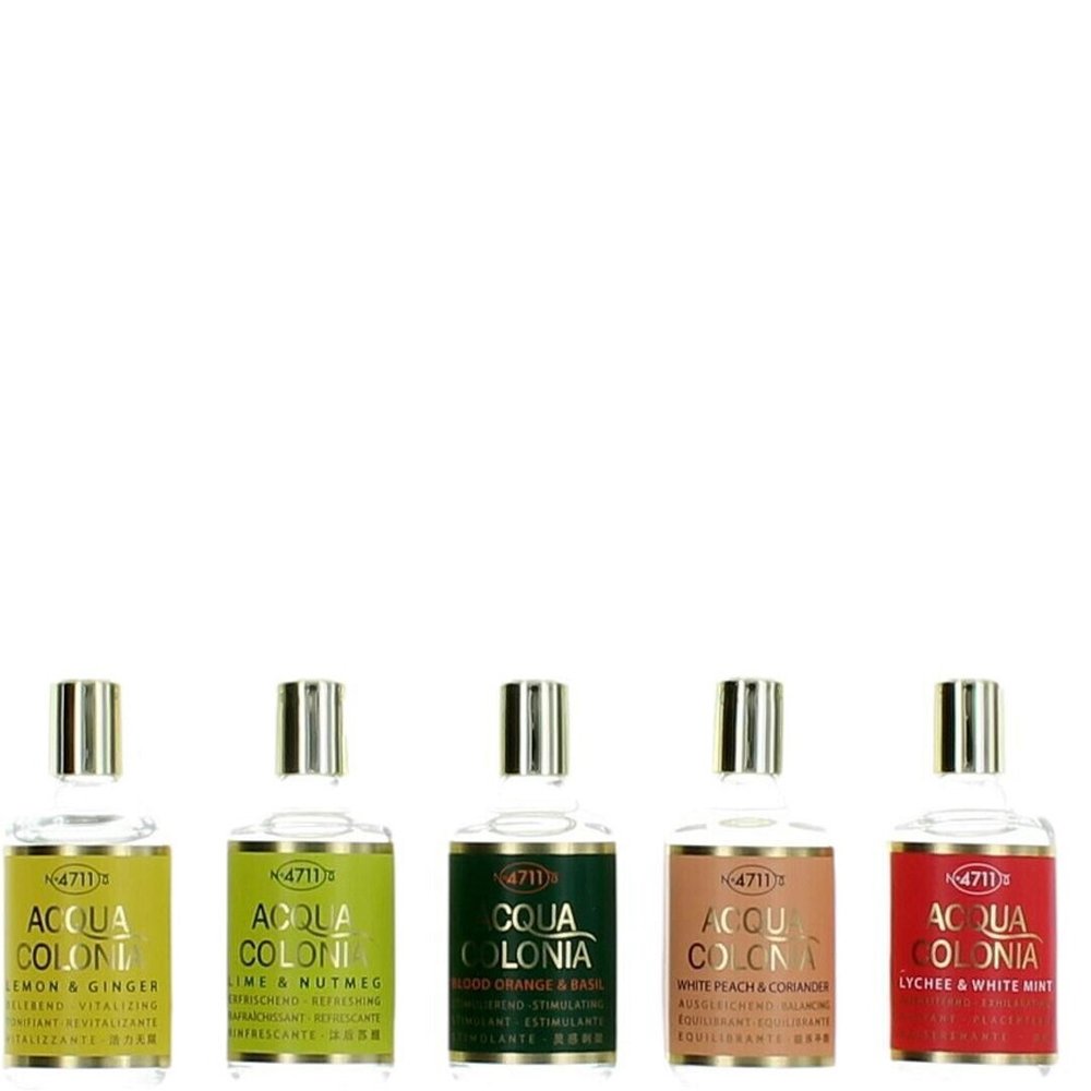 No. 4711 Acqua Colonia 5x8ml mini eau de cologne set unisex, including Lemon, Lime, Blood Orange, White Peach, and Lychee, fresh and fruity fragrances in compact bottles