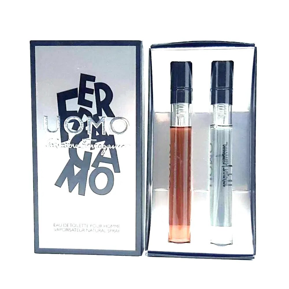 Salvatore Ferragamo 2x5ml mini eau de toilette set for men including Uomo and Casual Life, fresh and modern masculine fragrances in compact bottles