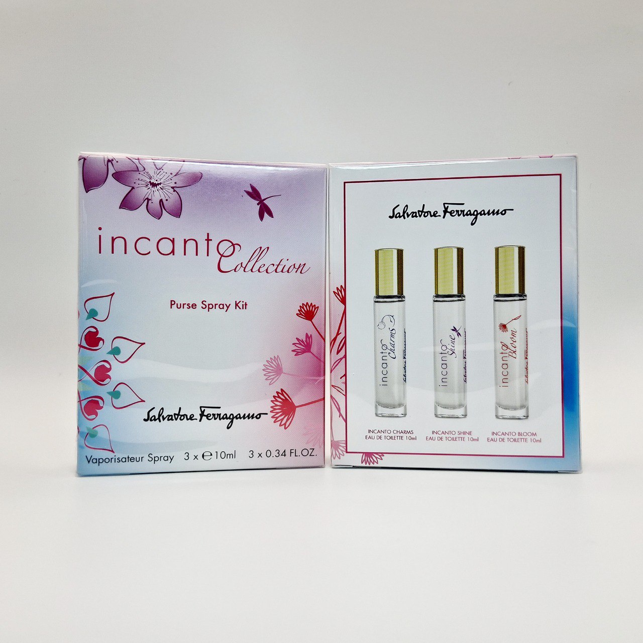 Salvatore Ferragamo Incanto 3x10ml mini eau de toilette set for women including Charms, Shine, and Bloom, delightful and floral feminine fragrances in compact bottles